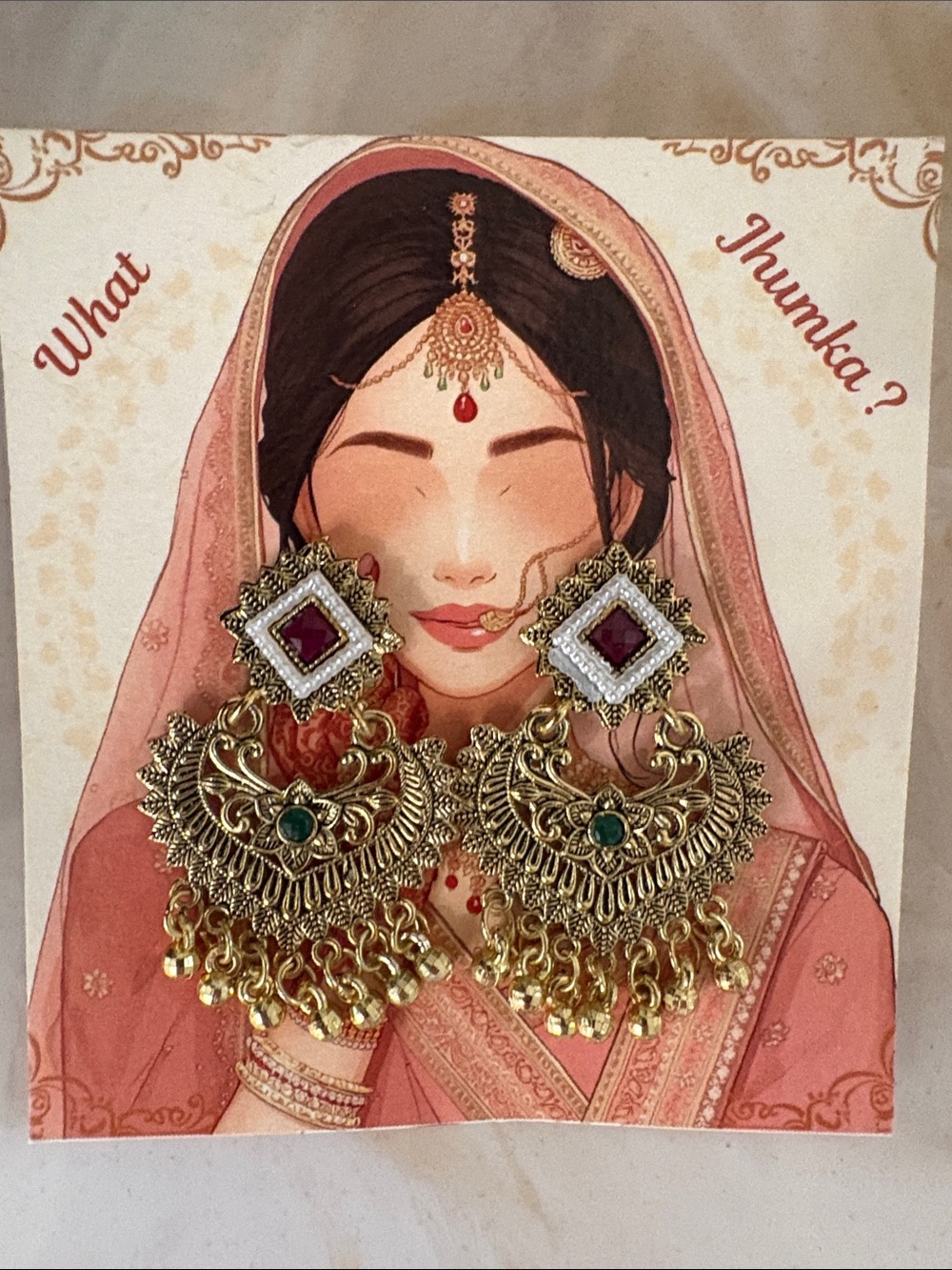 Gold-Tone Traditional Jhumka Earrings with Pink and Green Accents